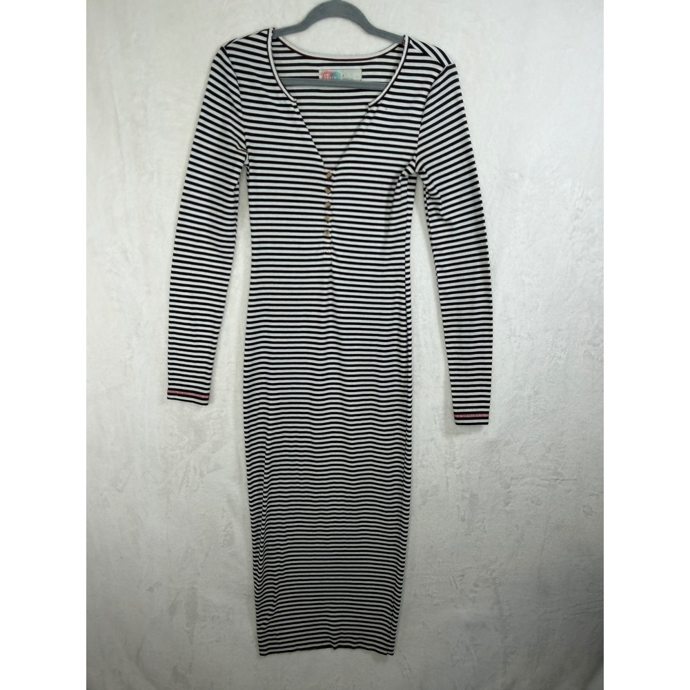 Free People Beach Henley Midi Dress Womens Small Black White Striped Ribbed sz S